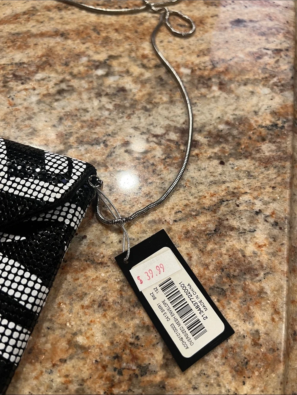 bebe Black and White Zebra Mesh Envelope Clutch with Chain